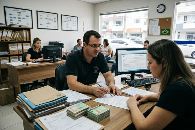 Profissional explicando o processo de renovação da CNH em um despachante em Itajaí.